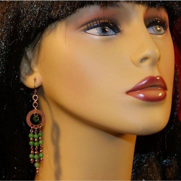 Handmade Green Agate, Copper, & Crystal Chandelier Wooden Dangle Earrings - Picture 5 of 5